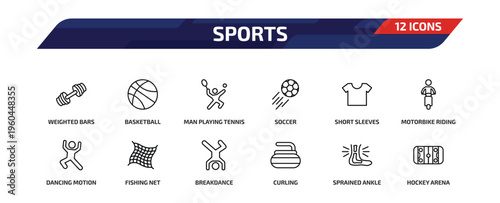 sports outline icon set. 12 linear vector for ui, web and mobile. thin line weighted bars, basketball, man playing tennis and more icons.