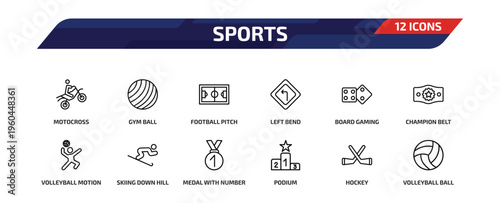 sports outline icon set. 12 linear vector for ui, web and mobile. thin line motocross, gym ball, football pitch and more icons.