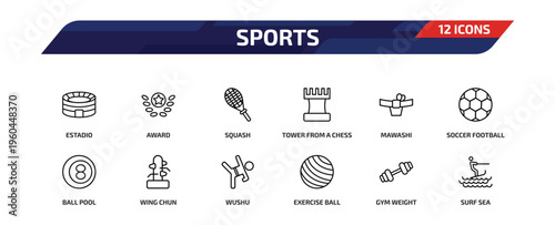sports outline icon set. 12 linear vector for ui, web and mobile. thin line estadio, award, squash and more icons.