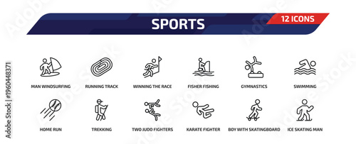 sports outline icon set. 12 linear vector for ui, web and mobile. thin line man windsurfing, running track, winning the race and more icons.
