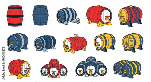 Assorted Wooden Barrels Collection: Red, Blue, Yellow, Aged Oak Casks