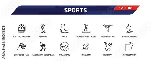 sports outline icon set. 12 linear vector for ui, web and mobile. thin line football channel, aerobics, ankle and more icons.