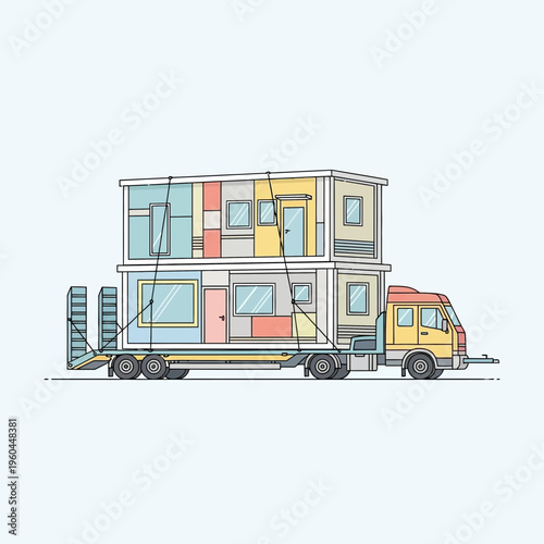 Modular Home Transported On Flatbed Truck Delivering Compact Living Solutions