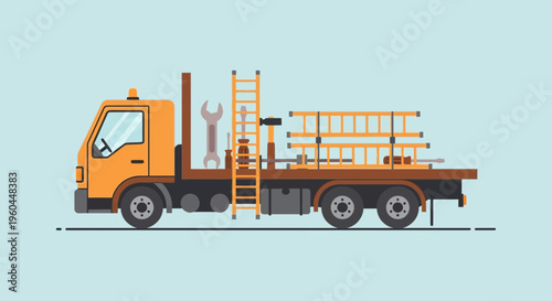 Orange Flatbed Truck Carrying Ladders and Tools for Construction