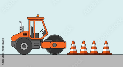 Orange Steamroller Working On Road Construction With Traffic Cones Lined Up