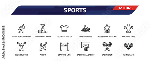 sports outline icon set. 12 linear vector for ui, web and mobile. thin line marathon champion, podium with cup, football jersey and more icons.