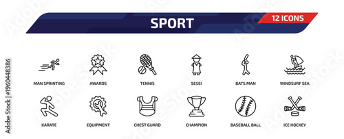 sport outline icon set. 12 linear vector for ui, web and mobile. thin line man sprinting, awards, tennis and more icons.
