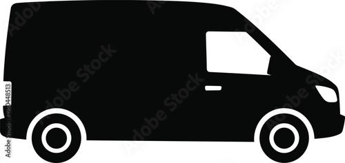 Black delivery van silhouette isolated on white background for transportation logistics shipping commercial vehicle and freight moving services vector illustration