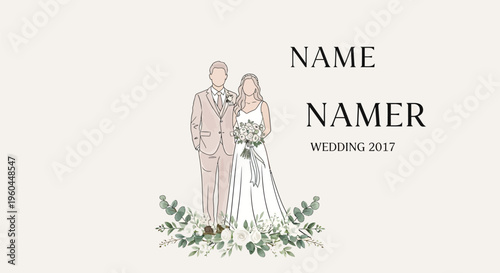 Elegant wedding couple illustration with floral accents.