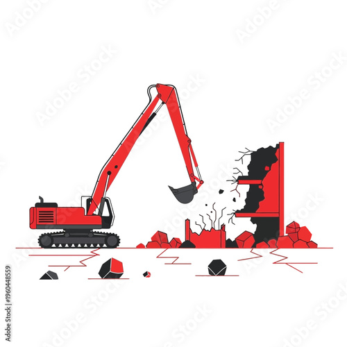 Red Excavator Demolishing Building Causing Debris and Dust Cloud