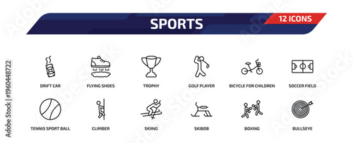 sports outline icon set. 12 linear vector for ui, web and mobile. thin line drift car, flying shoes, trophy and more icons.