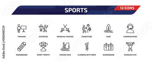 sports outline icon set. 12 linear vector for ui, web and mobile. thin line training, excercise, medieval fencing and more icons.