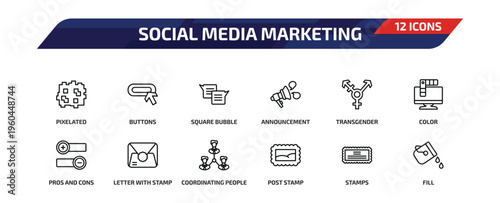 social media marketing outline icon set. 12 linear vector for ui, web and mobile. thin line pixelated, buttons, square bubble and more icons.