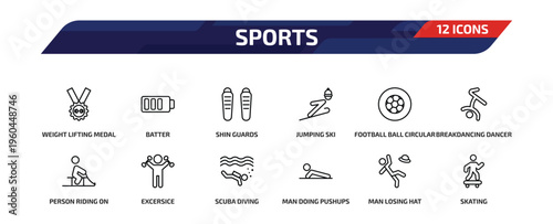 sports outline icon set. 12 linear vector for ui, web and mobile. thin line weight lifting medal, batter, shin guards and more icons.