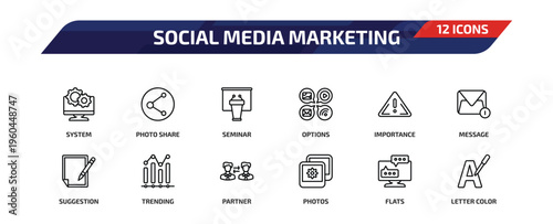 social media marketing outline icon set. 12 linear vector for ui, web and mobile. thin line system, photo share, seminar and more icons.
