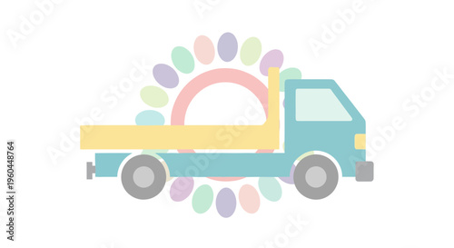 Playful Pastel Flatbed Truck Illustration With Colorful Sun Graphic