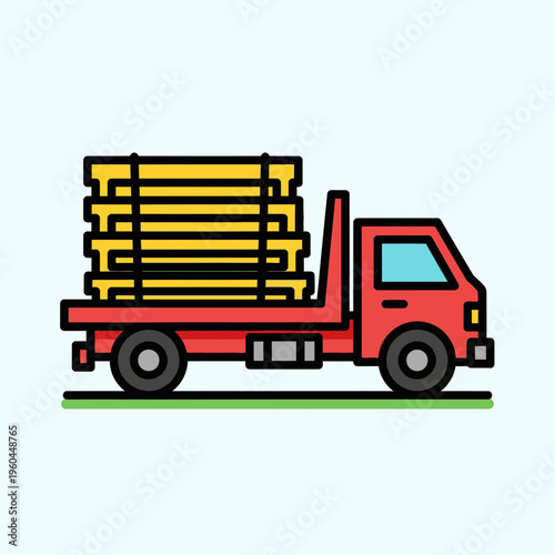 Red Flatbed Truck Delivering Building Materials With Yellow Load