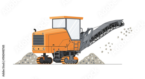 Orange Asphalt Milling Machine With Crushed Stone Output On White Background