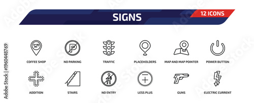 signs outline icon set. 12 linear vector for ui, web and mobile. thin line coffee shop, no parking, traffic and more icons.