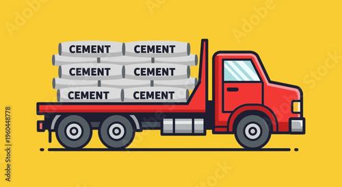Red Flatbed Truck Delivering Cement Sacks