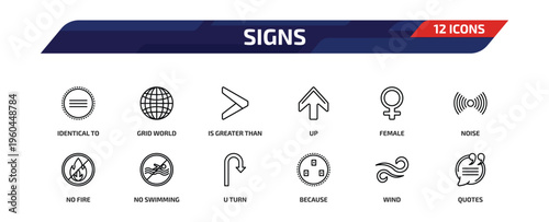 signs outline icon set. 12 linear vector for ui, web and mobile. thin line identical to, grid world, is greater than and more icons.