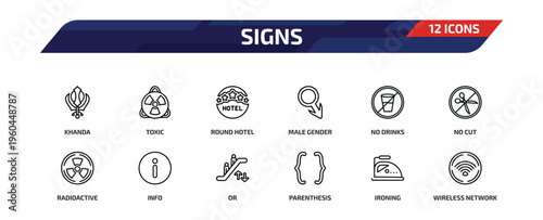 signs outline icon set. 12 linear vector for ui, web and mobile. thin line khanda, toxic, round hotel and more icons.