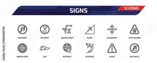 signs outline icon set. 12 linear vector for ui, web and mobile. thin line no music, no hoist, square root and more icons.