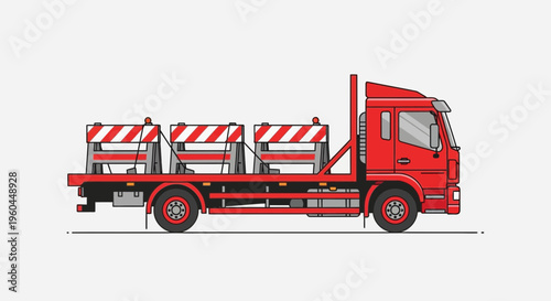 Red Flatbed Truck Transporting Construction Barriers