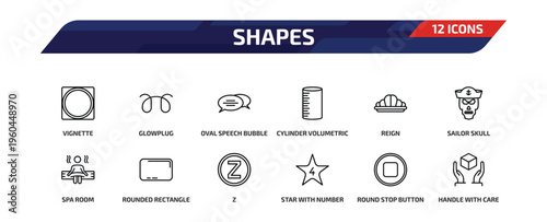 shapes outline icon set. 12 linear vector for ui, web and mobile. thin line vignette, glowplug, oval speech bubble and more icons.