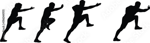 Set of athletic silhouettes showing people climbing stepping or lunging with arms outstretched for fitness sports and obstacle course concepts