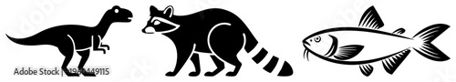 Bold black stylized animal T, raccoon, catfish minimal detail, ideal for graphic design/print. Synonyms animal, creature cutouts, wildlife glyphs.
