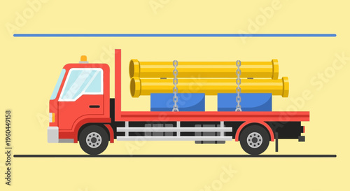 Red Flatbed Truck Transporting Yellow Pipes Construction Materials Transportation