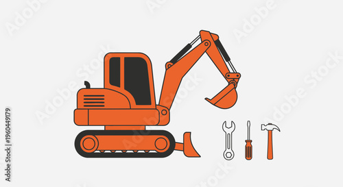 Orange Excavator And Tools Vector Icon Collection For Construction Industry