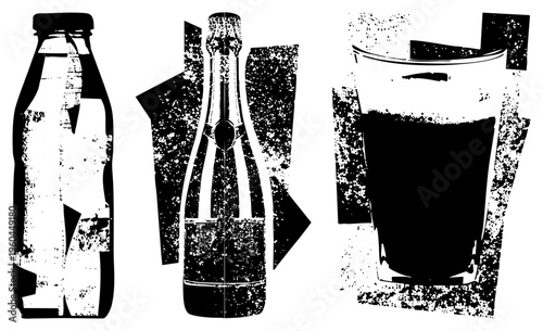 Retro styled beverage containers with distressed halftone texture, includes milk bottle, champagne bottle, and cocktail glass, graphic vector illustration.