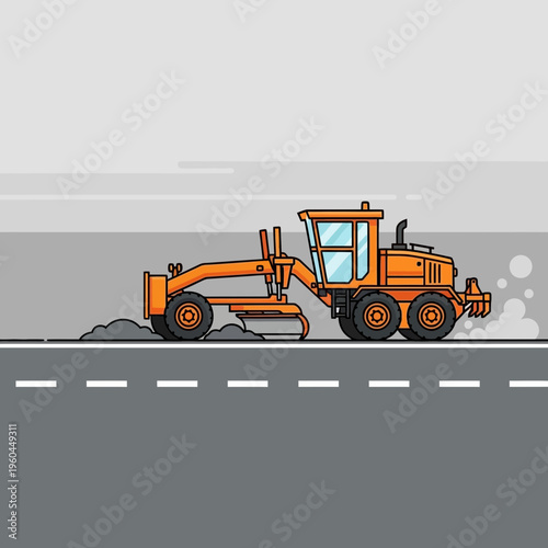 Orange Motor Grader Working On Road Construction Site