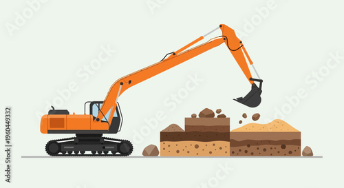 Orange Excavator Digging Deep Into Stratified Earth Layers