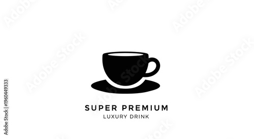 Black coffee cup icon with saucer and text 'Super Premium Luxury Drink'