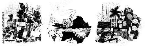 Fragmented graphic composition with halftone textures, geometric shapes, and stylized foliage, vector art, design, abstract illustration.