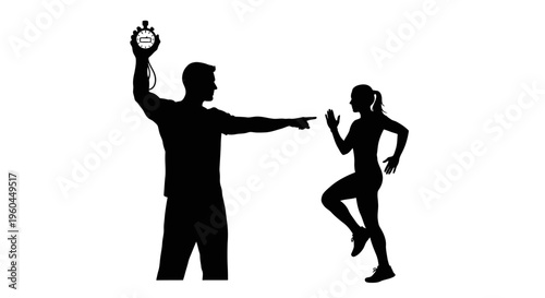 Man holding stopwatch signals woman to start running or exercising outdoors