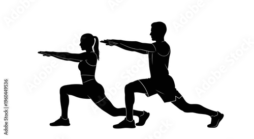 Man and woman in lunges exercise position in black silhouette on white background