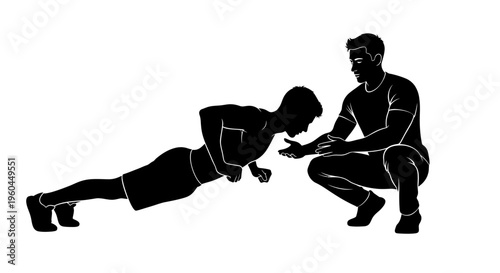 Man assists woman in push up exercise with guidance and support