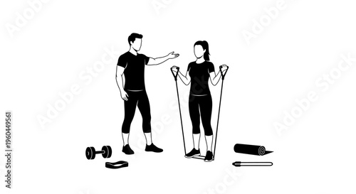 Man and woman exercising with fitness equipment and weights at home