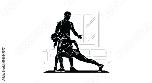 Man assisting a woman stretching her leg in a living room with a couch