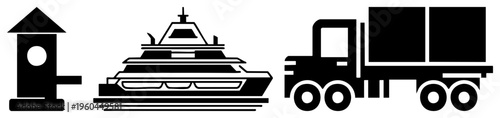 Black silhouette of birdhouse, ferry, and delivery truck, vector symbols for logistics, transport, or eco friendly delivery services.