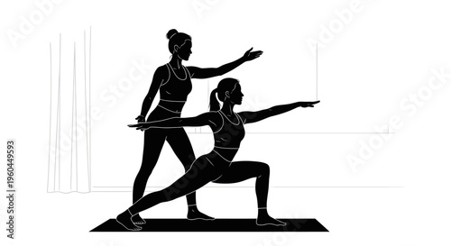 Two women in yoga poses with instructor guidance on mat