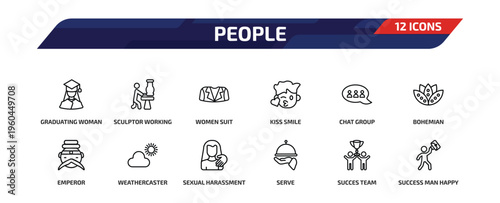 people outline icon set. 12 linear vector for ui, web and mobile. thin line graduating woman, sculptor working, women suit and more icons.