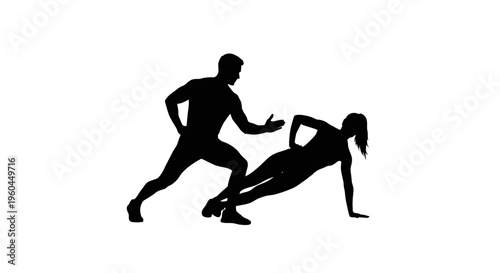 Man and woman in dynamic fitness poses exercising together in black silhouette on white background