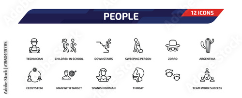 people outline icon set. 12 linear vector for ui, web and mobile. thin line technician, children in school, downstairs and more icons.