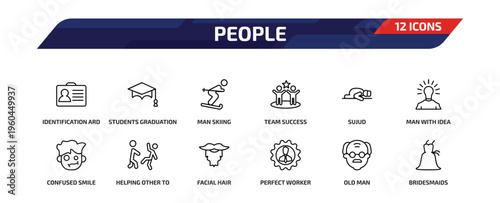 people outline icon set. 12 linear vector for ui, web and mobile. thin line identification ard, students graduation hat, man skiing and more icons.