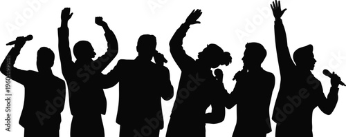 singer, microphone, silhouette, karaoke, music, performer, concert, crowd, cheering, vocalist, party, event, group, performer, entertainment